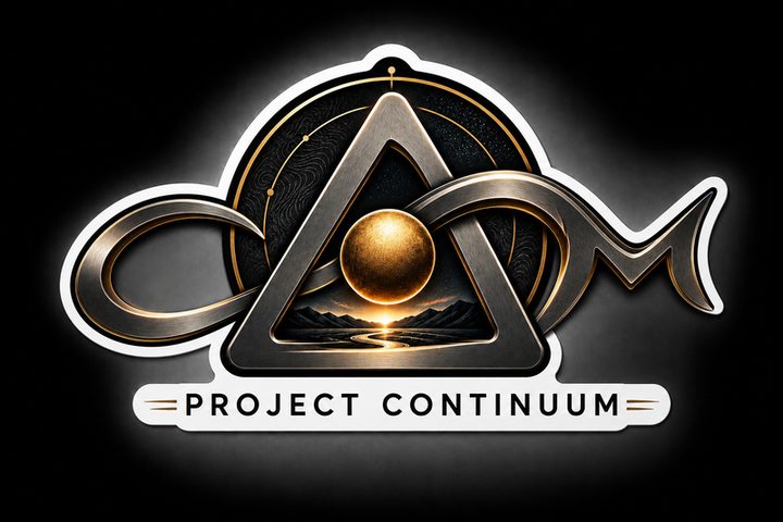 Project Continuum emblem: a metallic triangle and gold sphere over a path toward a sunrise.