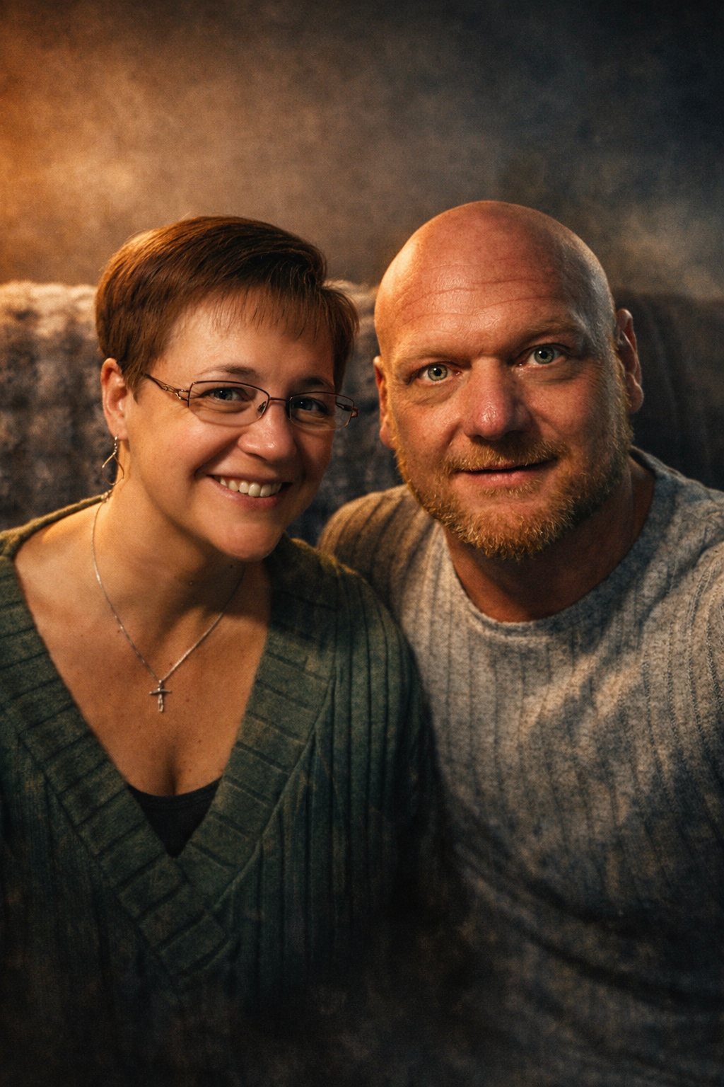 Portrait of Stan and his wife, sitting close together and smiling.