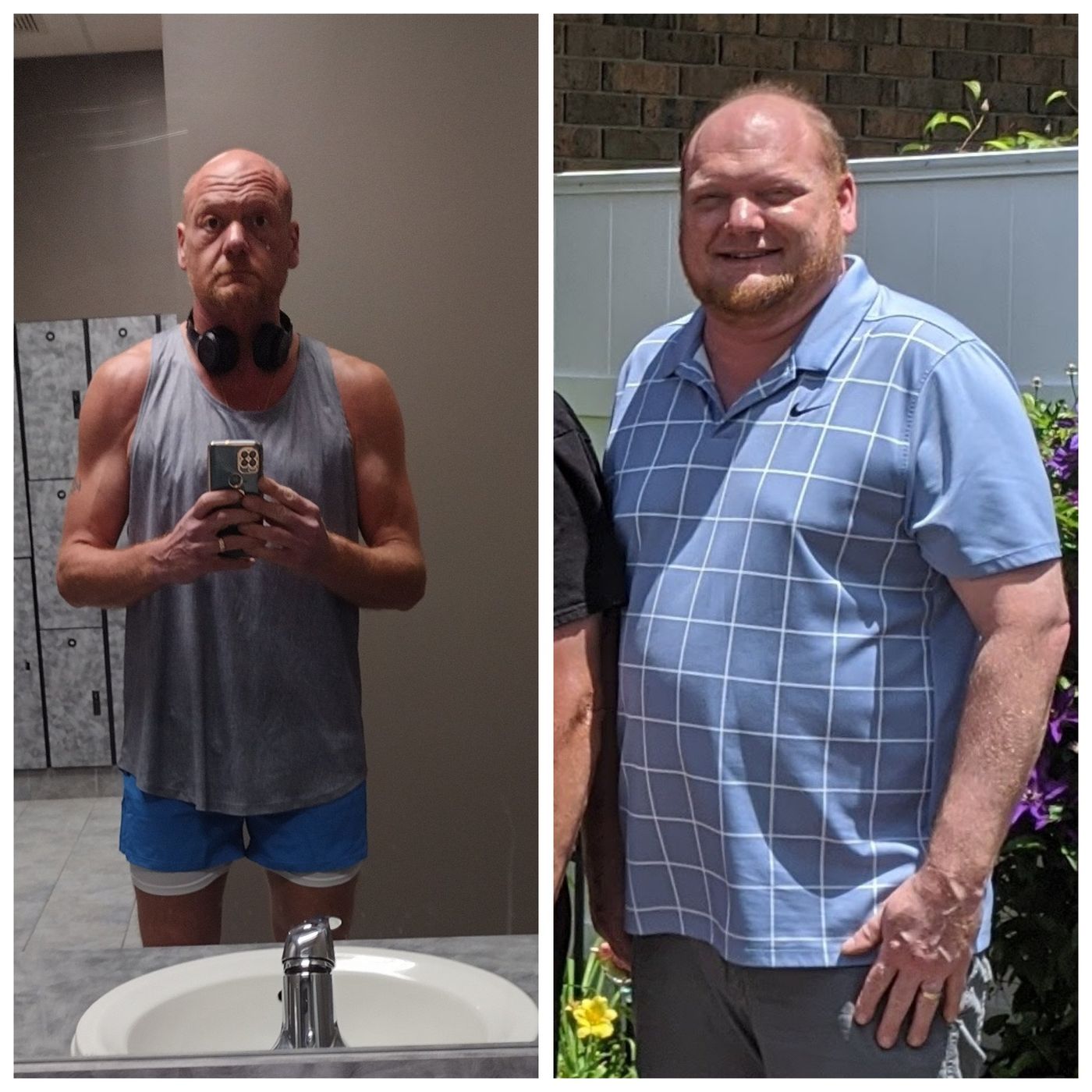 Two photographs of Stan side by side: a later gym photo and an earlier outdoor photo.